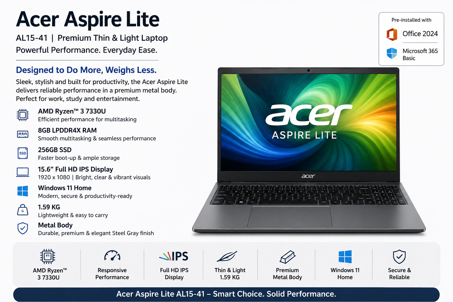 Acer Aspire Lite Ryzen 3 Laptop | 8GB RAM, 256GB SSD, FHD IPS Displ