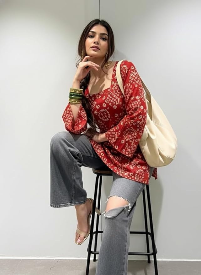 ANNI Designer Women’s Viscose Blend Printed Short Kurti | Straight Fit Square Neck Full Sleeve Ethnic Top for Women | Casual Office College Wear Kurt