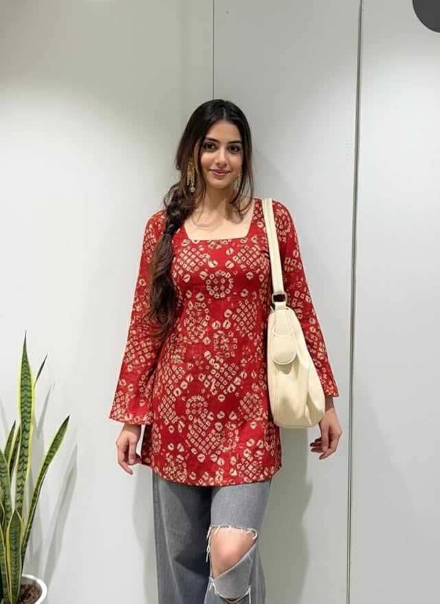 ANNI Designer Women’s Viscose Blend Printed Short Kurti | Straight Fit Square Neck Full Sleeve Ethnic Top for Women | Casual Office College Wear Kurt