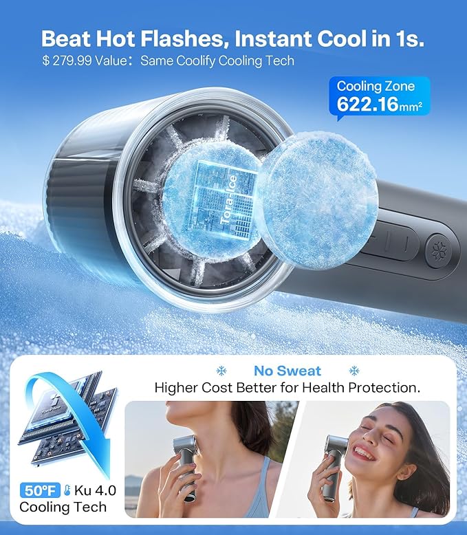 TORRAS COOLiFY iva Hand Fan with Semiconductor Ice Cooling | Portable Rechargeable Mini Fan 5000mAh Battery | 100 Speed Control High Velocity Airflow Personal Cooling Fan – Charcoal