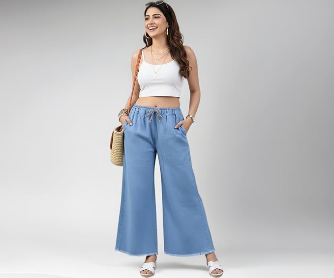 Women’s Denim Cotton Palazzo Pants | Mid Rise Relaxed Fit Wide Leg Jeans Style Trousers for Women | Casual Comfortable Denim Palazzo Wear