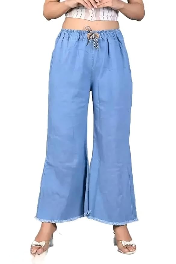 Women’s Denim Cotton Palazzo Pants | Mid Rise Relaxed Fit Wide Leg Jeans Style Trousers for Women | Casual Comfortable Denim Palazzo Wear