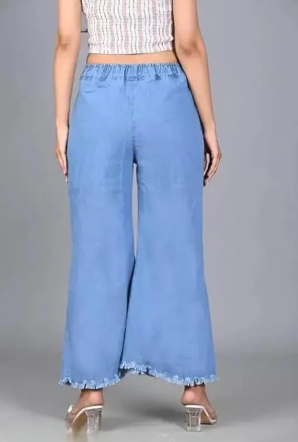 Women’s Denim Cotton Palazzo Pants | Mid Rise Relaxed Fit Wide Leg Jeans Style Trousers for Women | Casual Comfortable Denim Palazzo Wear