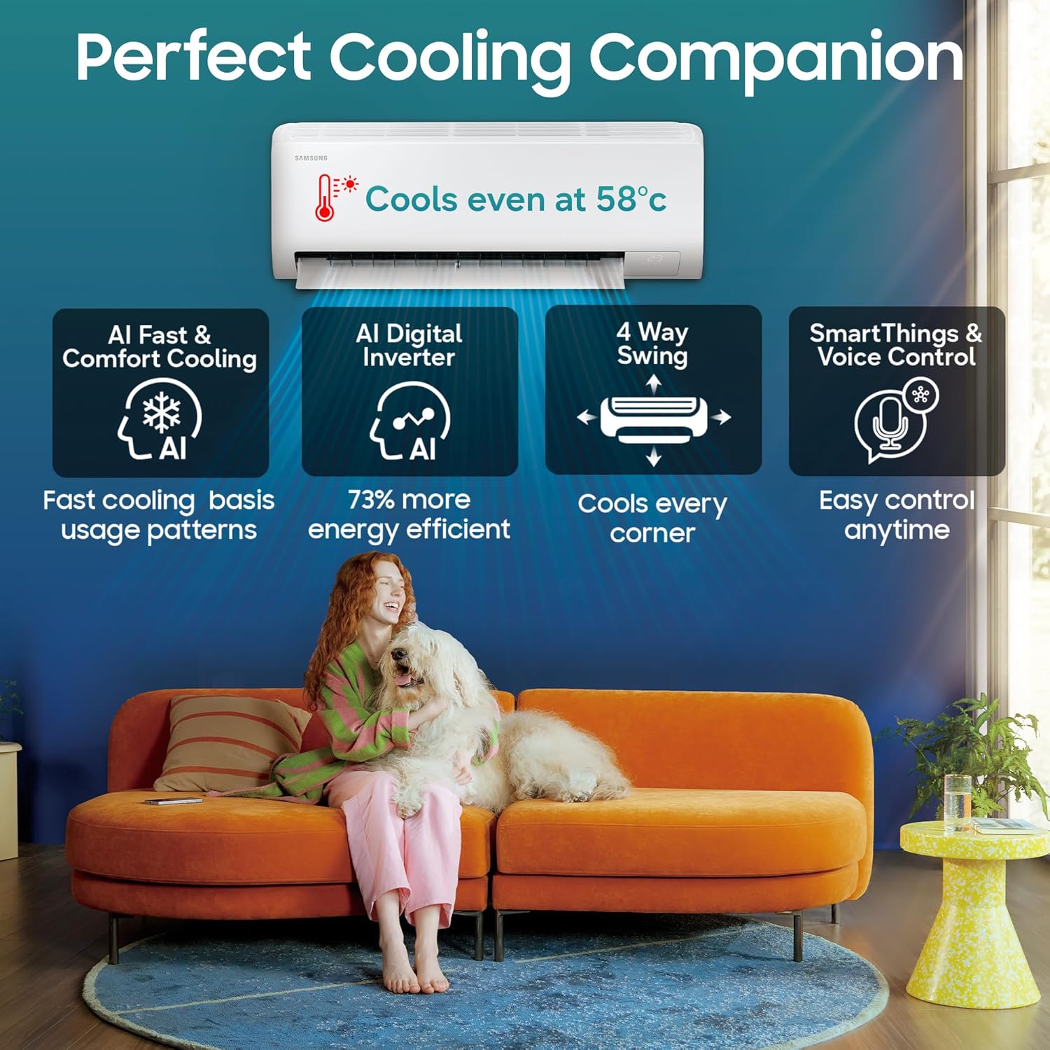Samsung 1.5 Ton 5 Star Bespoke AI Inverter Smart Split AC with WiFi, Voice Control, 4-Way Swing & Powerful Cooling – AR50H18D1NHNNA