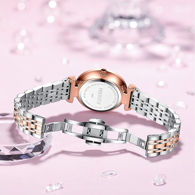 NIBOSI Women’s Stainless Steel Rose Gold Analog Watch with Square Dial, Diamond Studded Design & Waterproof Luxury Wrist Watch for Girls and Ladies