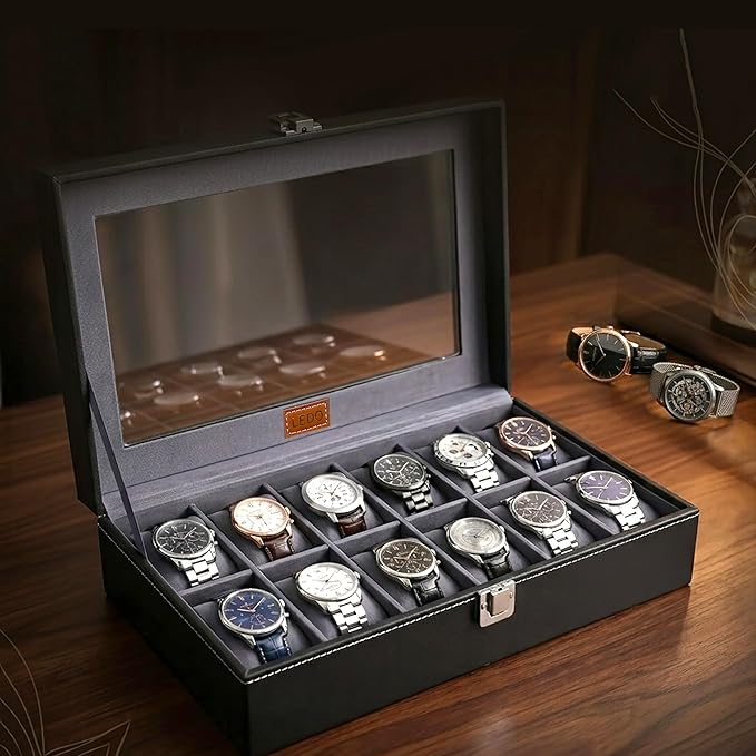 LEDO 12 Slot Watch Box Organizer for Men & Women – Premium PU Leather Watch Storage Case with Black & Gray Finish | Luxury Watch Holder Display Box