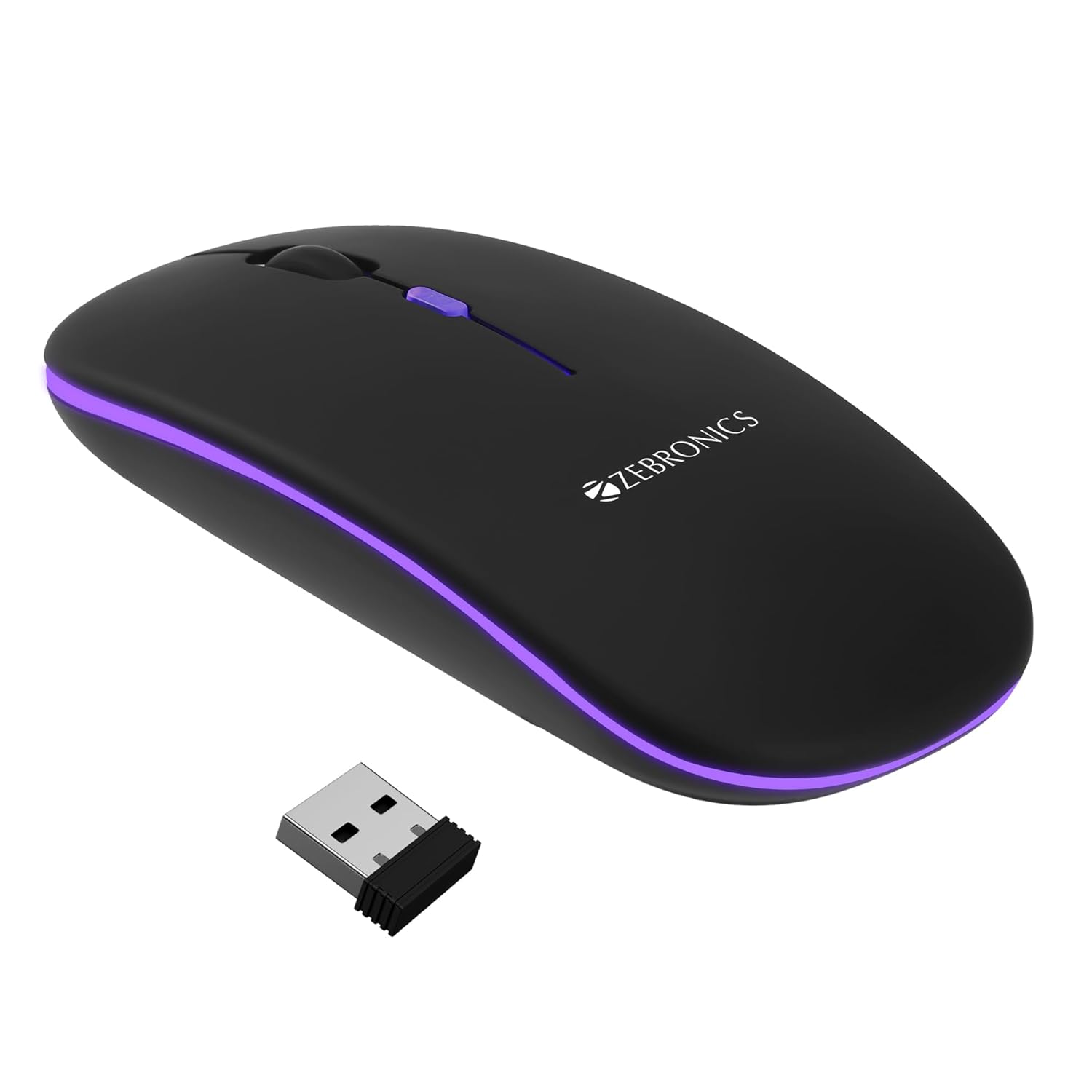 ZEBRONICS Blanc Slim Wireless Mouse with Rechargeable Battery – Bluetooth & 2.4GHz Dual Mode, Silent Click, Adjustable 1600 DPI, Multicolor LED Lights