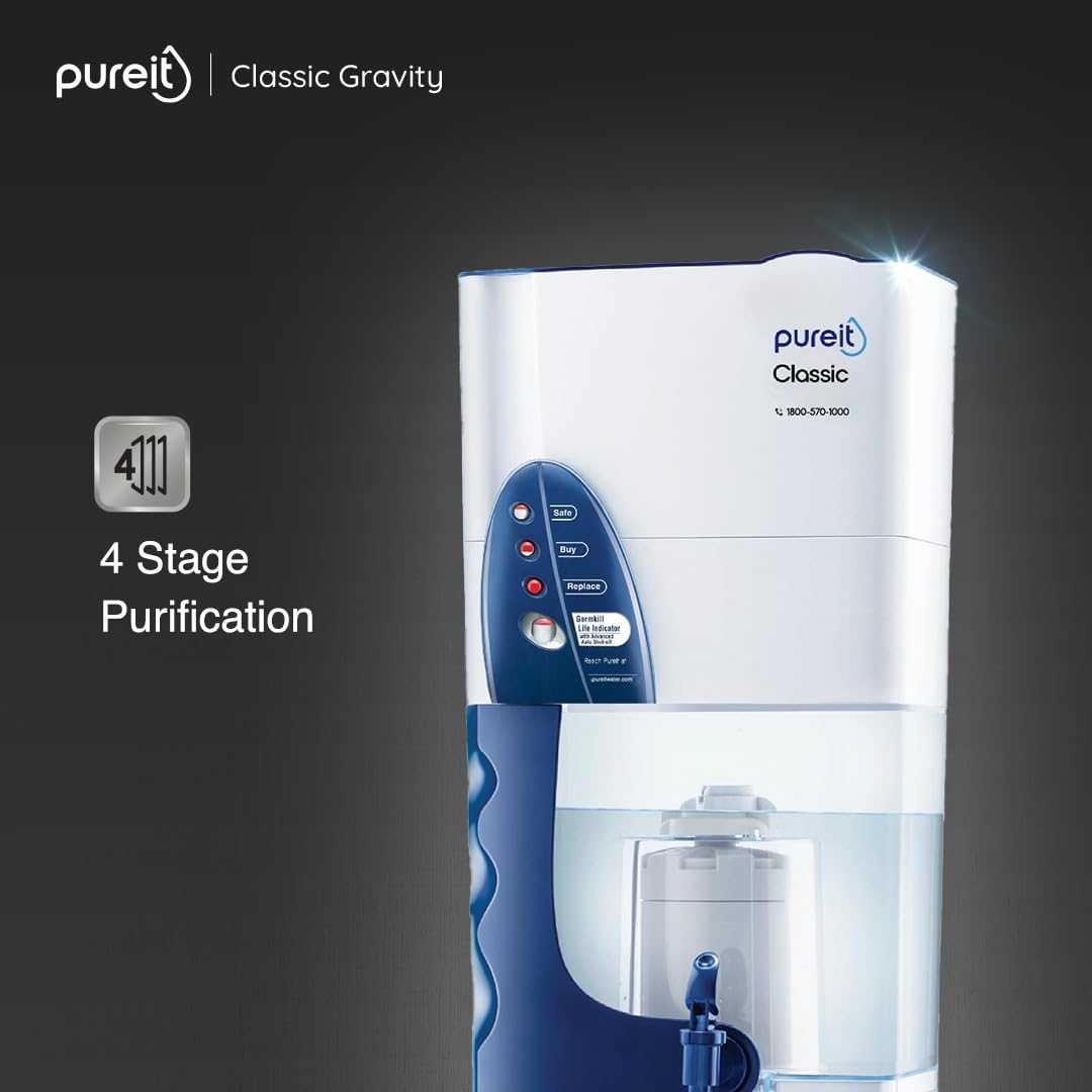 Pureit Classic 23L Gravity Water Purifier – Non Electric Multi-Stage Water Filter with Activated Carbon & Germ Kill Technology for Home Use