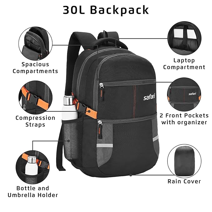 Safari Omega 30L Laptop Backpack for Men & Women with Rain Cover | Spacious College & Travel Bag | Black