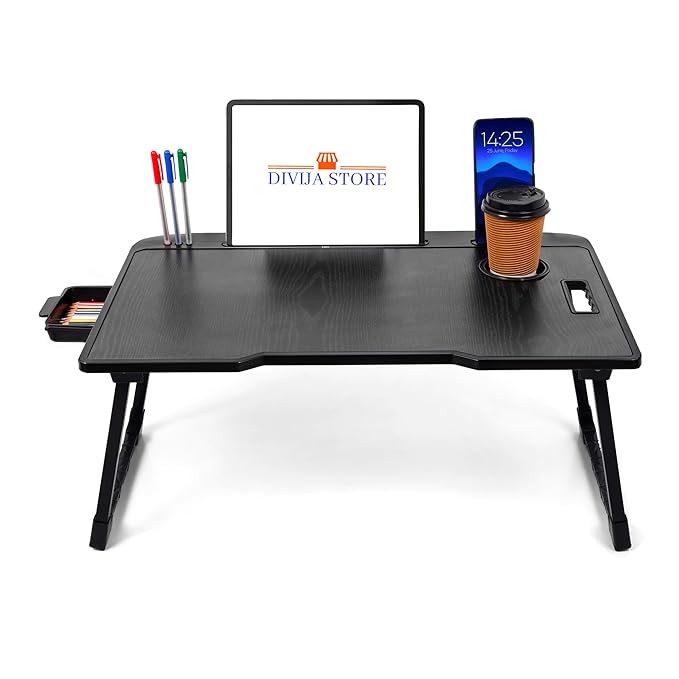 DIVIJA STORE Foldable Laptop Table for Bed with Cup Holder | Portable Wooden Study Table for Home, Office & Breakfast Use | Non-Slip Legs Ergonomic Bed Desk Black