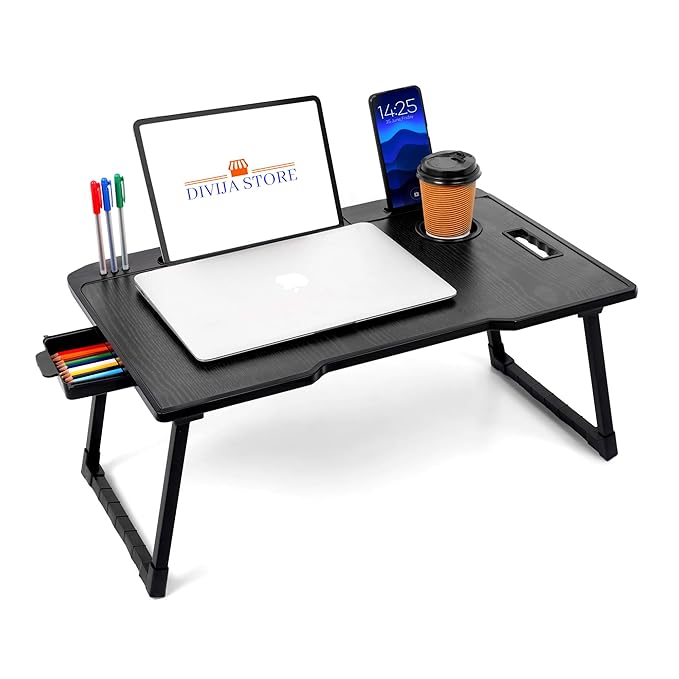 DIVIJA STORE Foldable Laptop Table for Bed with Cup Holder | Portable Wooden Study Table for Home, Office & Breakfast Use | Non-Slip Legs Ergonomic Bed Desk Black