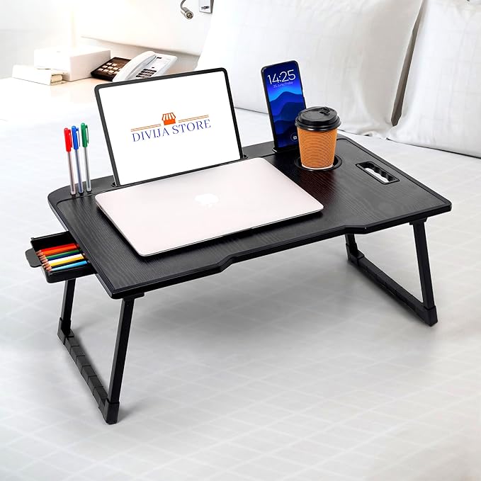 DIVIJA STORE Foldable Laptop Table for Bed with Cup Holder | Portable Wooden Study Table for Home, Office & Breakfast Use | Non-Slip Legs Ergonomic Bed Desk Black