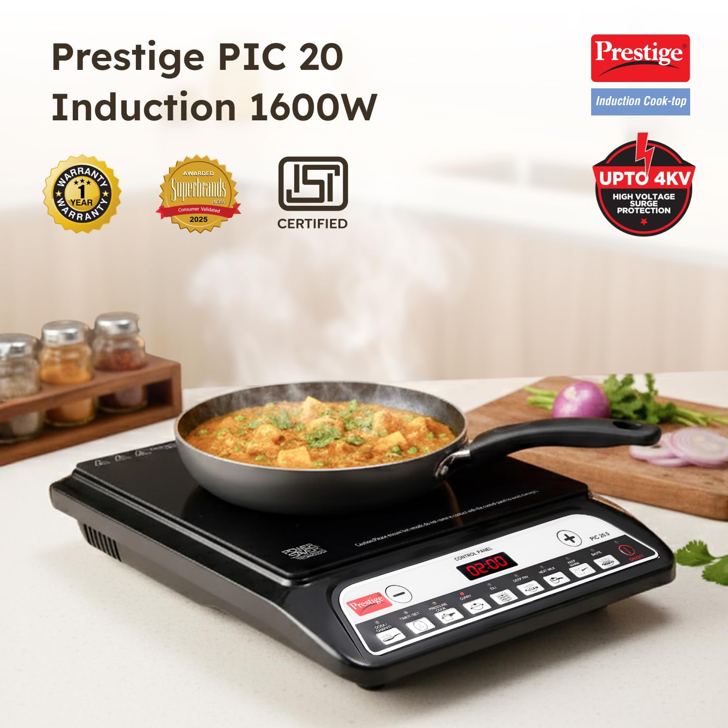 Prestige PIC 20 Induction Cooktop 1600 Watts with 4KV Surge Protection, 8 Indian Preset Menus, Timer & Soft Touch Controls – Portable Electric Induction Stove Black