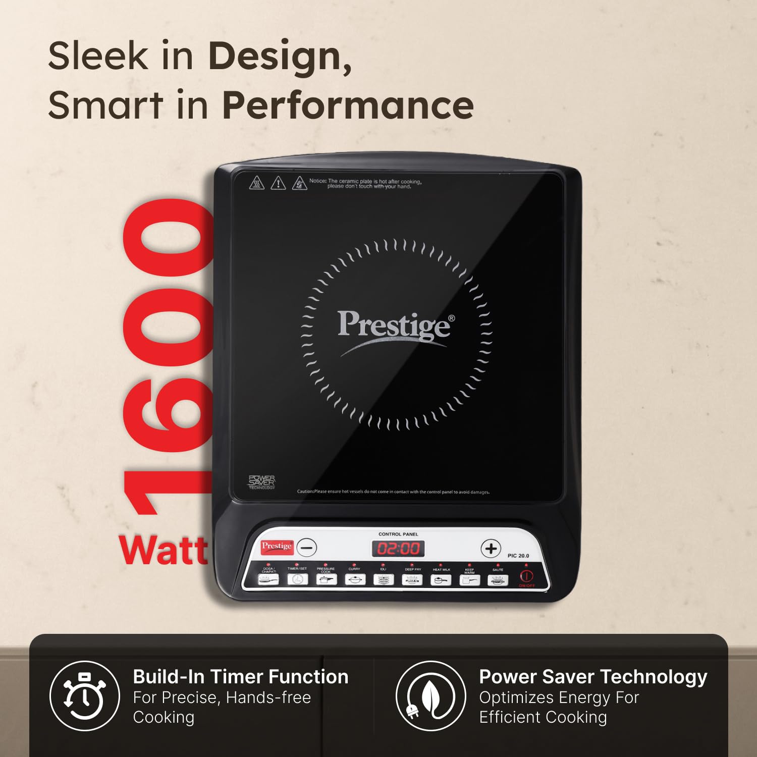 Prestige PIC 20 Induction Cooktop 1600 Watts with 4KV Surge Protection, 8 Indian Preset Menus, Timer & Soft Touch Controls – Portable Electric Induction Stove Black