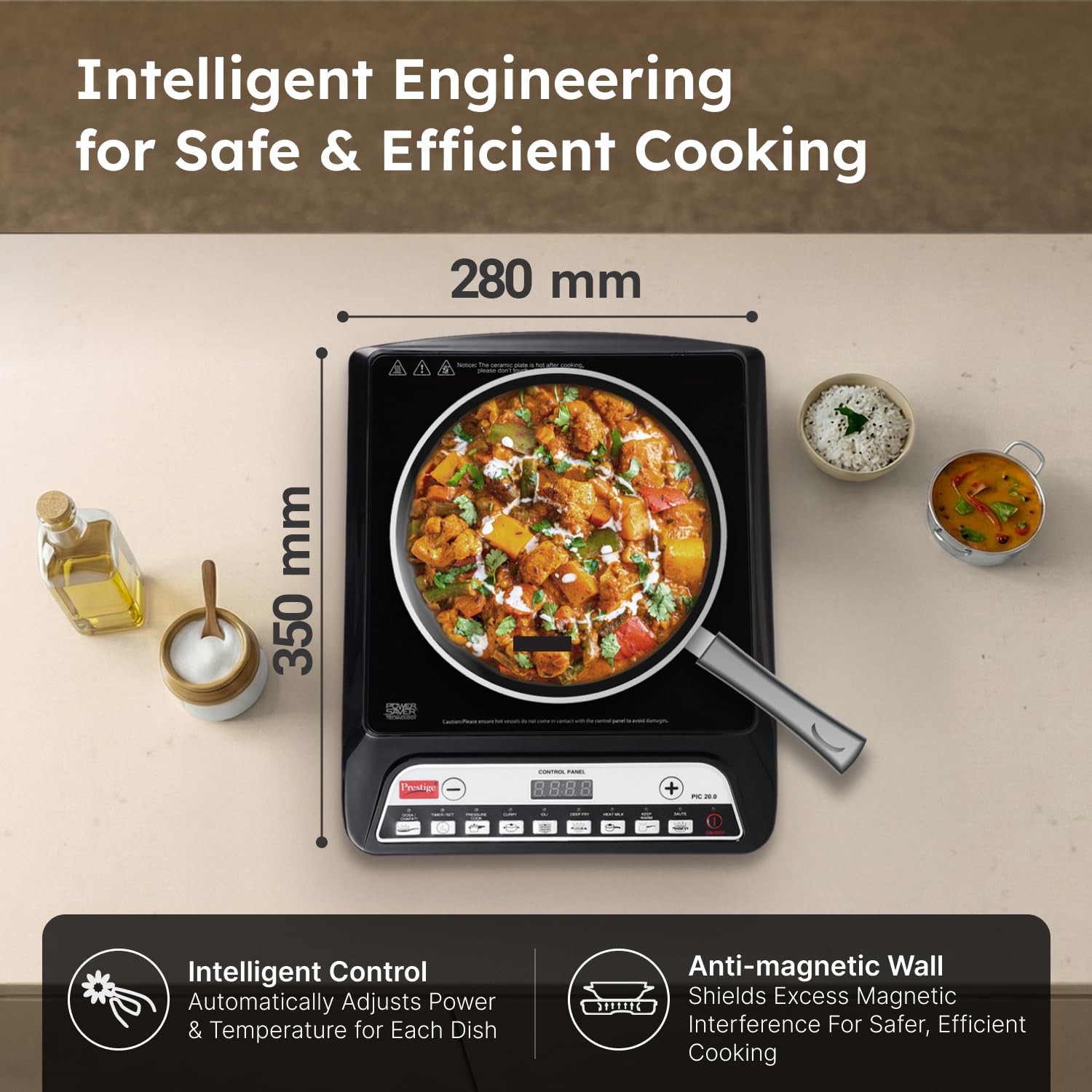 Prestige PIC 20 Induction Cooktop 1600 Watts with 4KV Surge Protection, 8 Indian Preset Menus, Timer & Soft Touch Controls – Portable Electric Induction Stove Black