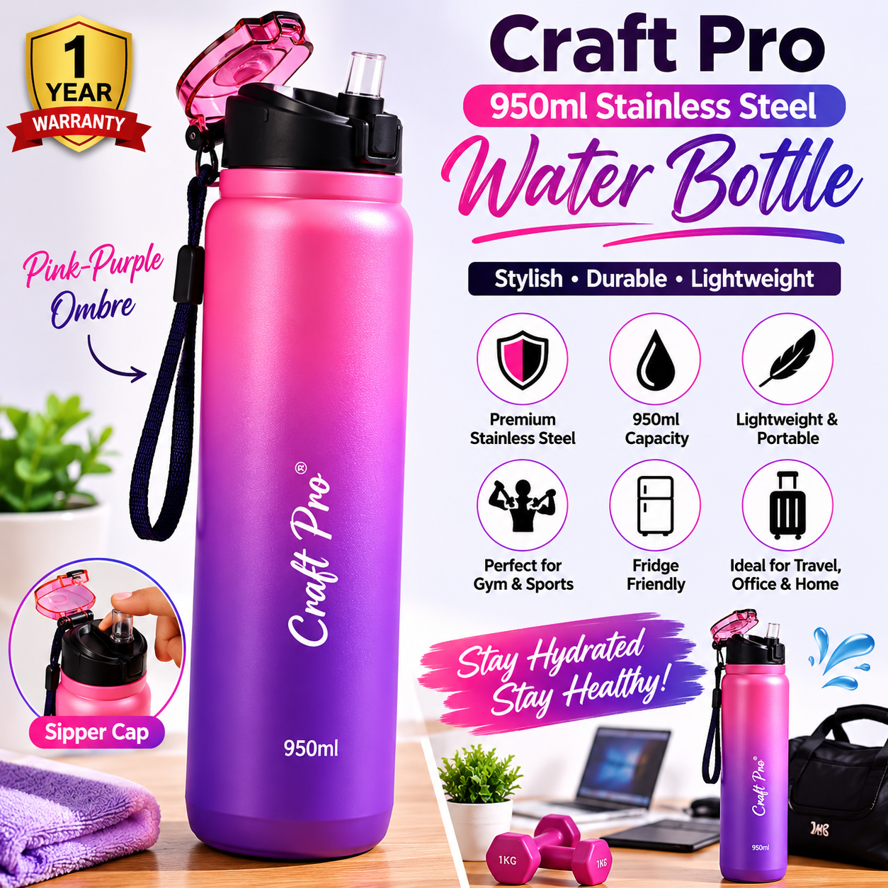 Craft Pro 950ml Stainless Steel Sports Water Bottle Review – Lightweight Single Wall Fridge Bottle with Sipper Cap, 1-Year Warranty, Pink-Purple Ombre