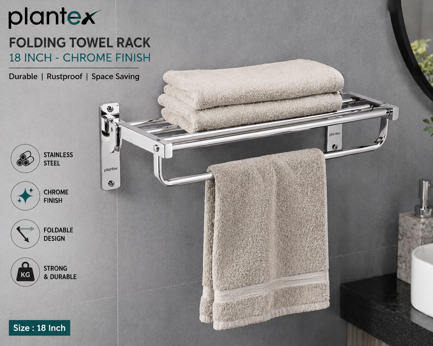 Plantex Stainless Steel Folding Towel Holder Stand for Bathroom – 18 Inch Chrome Finish Wall Mounted Towel Rack & Hanger for Home, Hotel & Washroom