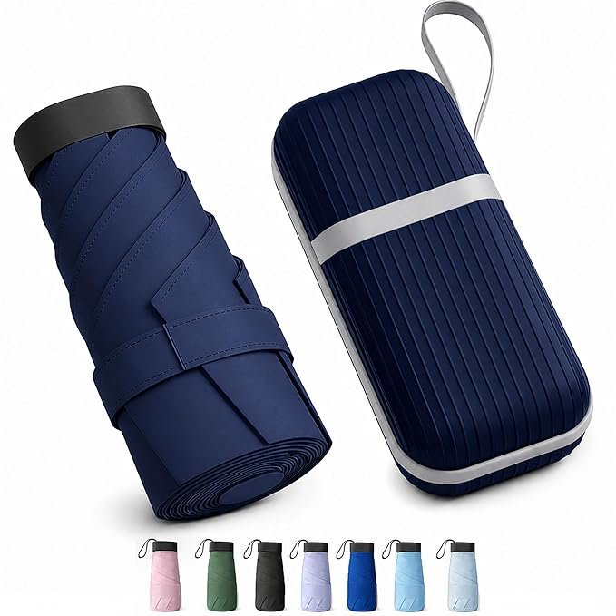 REXERA UV Travel Mini Folding Umbrella with Hard Case | Ultra Compact, Lightweight, Windproof Pocket Umbrella for Men & Women | Sun & Rain Protection
