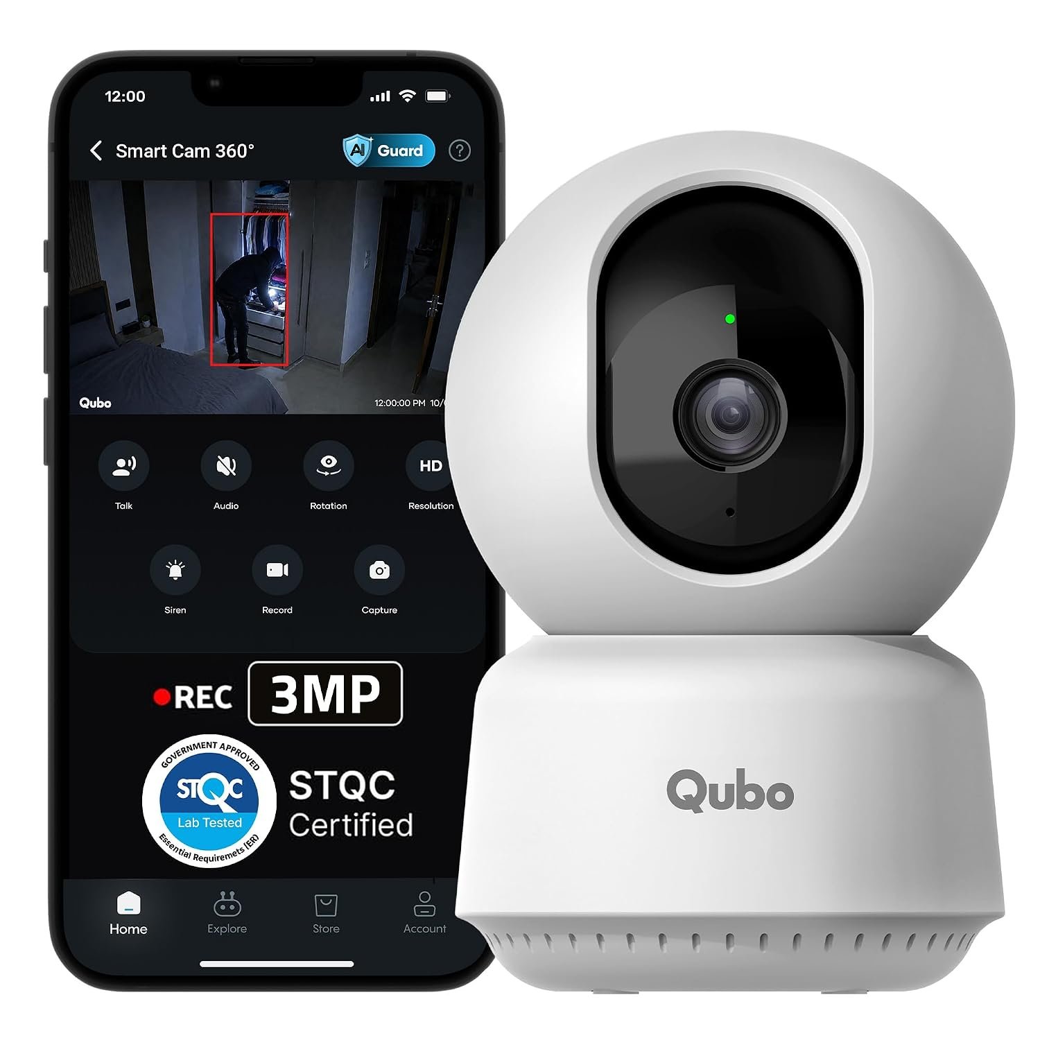 Qubo Smart Cam 360° 3MP 2026 Edition | AI Person Detection | Color Night Vision | Cloud Security Camera | STQC Certified