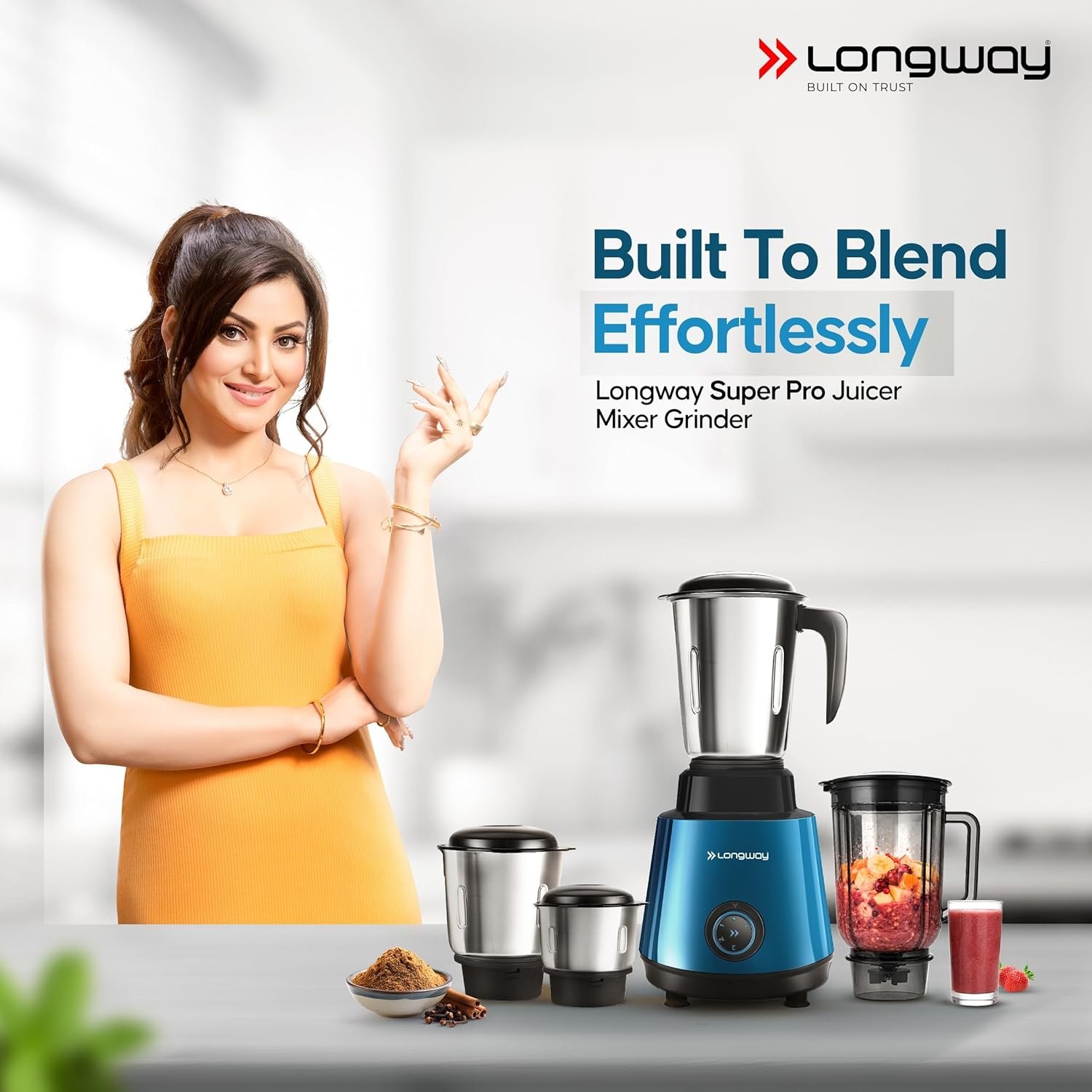 Longway Super Pro 750W Juicer Mixer Grinder with 4 Jars | Powerful Motor for Grinding, Mixing & Juicing | 2-Year Warranty | Blue & Black